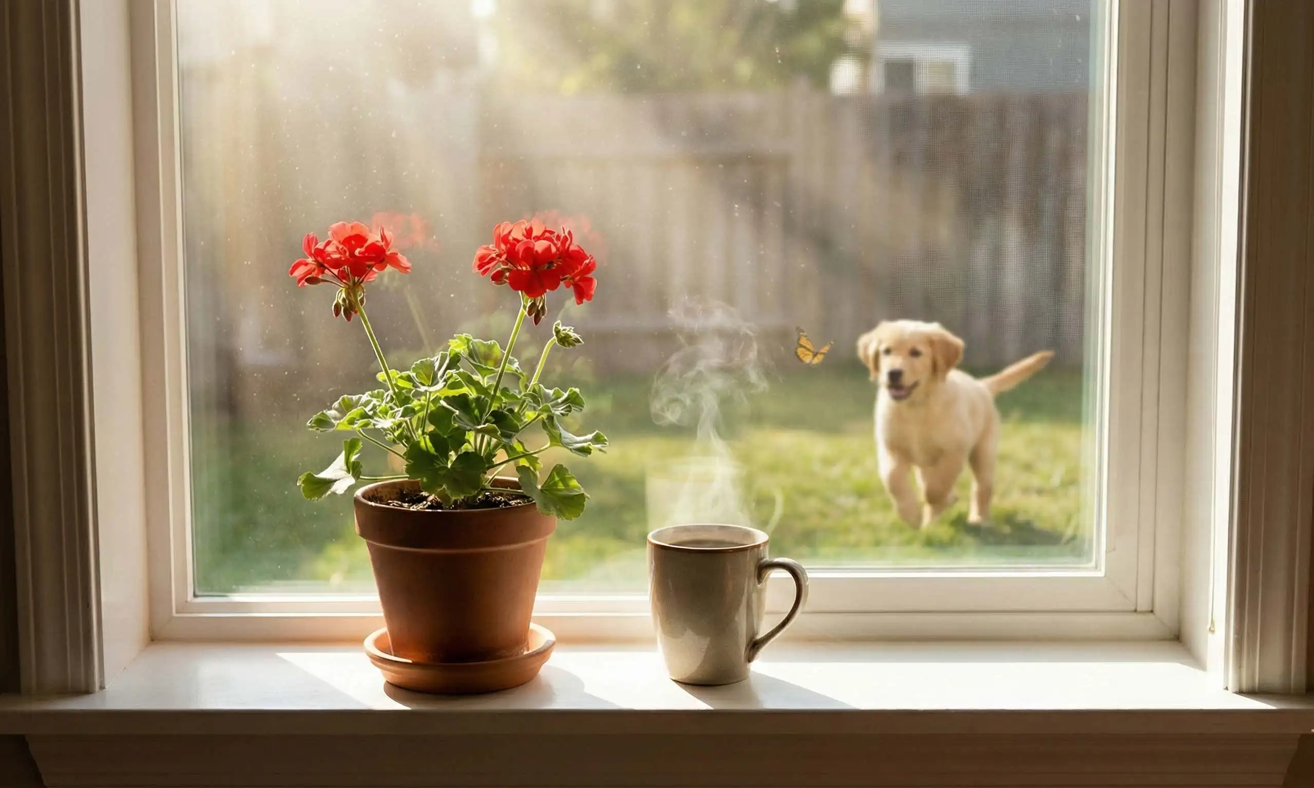 puppy in the window with a flower pot and a steaming hot drink. Everyday miracles.