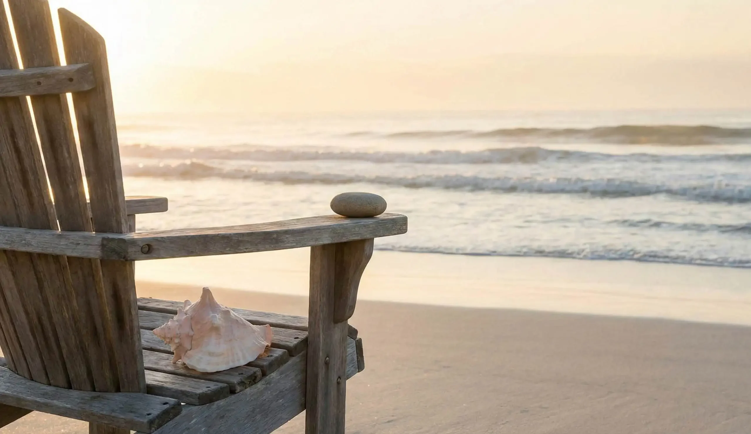 Wooden chair looking out to sea with a shell on it. Receptive silence.